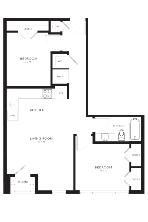 Floor plan for 2 beds, 1 bath, 716 sqft